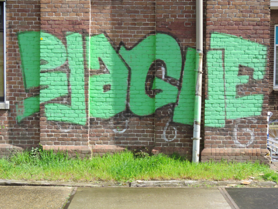 829801 Afbeelding van graffiti met een gestileerde tekst, op de gevel van een voormalige werkplaats van de N.S. op het ...